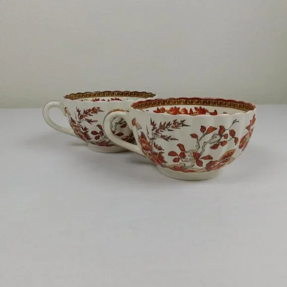 Lot of 2 Spode Indian Tree Tea Cup Saucer Set Scalloped Orange Old Backstamp Vtg - Picture 8 of 12